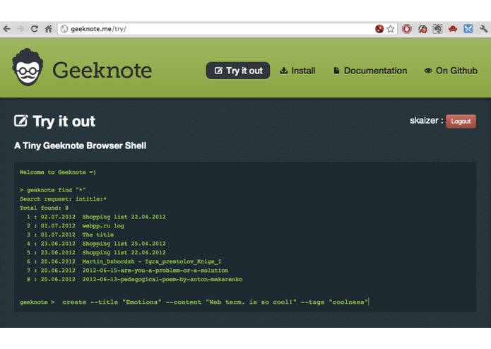 Geeknote - a command line client for Evernote – screenshot 1