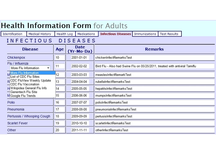 Personal Health Record ( PHR ) web site Flu section – screenshot 1