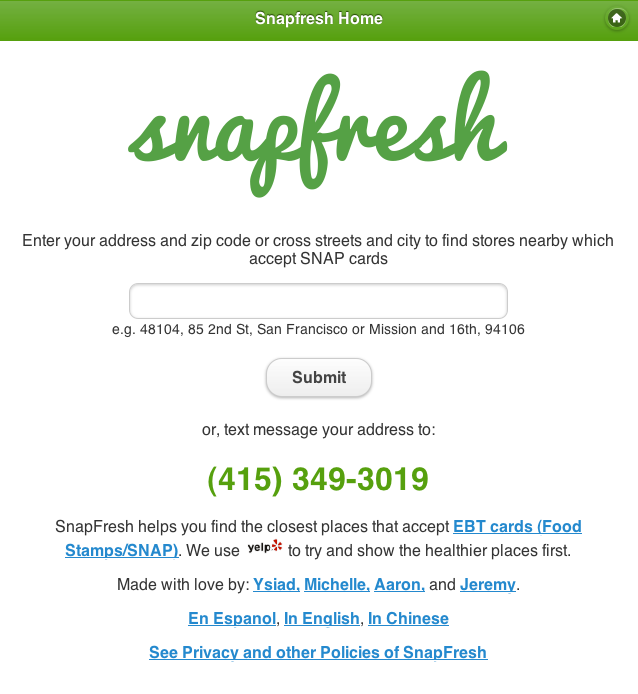 SnapFresh Mobile & SMS based SNAP Retailer finder Devpost