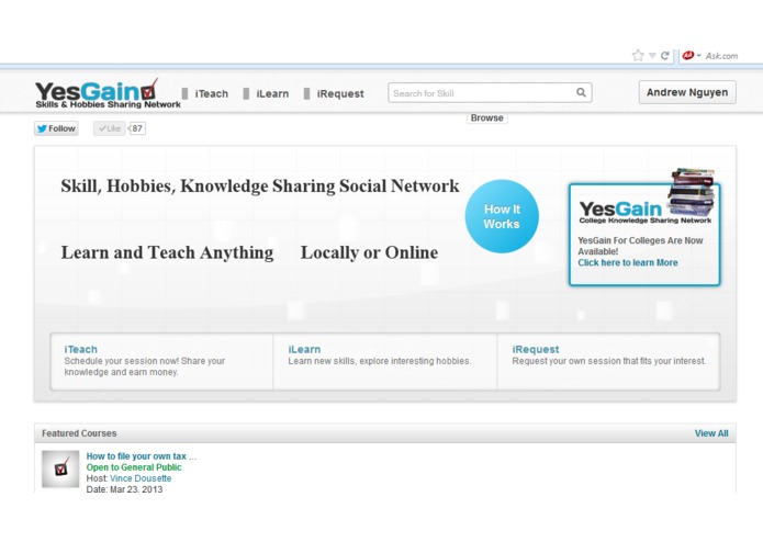 YesGain-Tutoring Mangement and Administration tool. Apps for Sharing Knowledge, Skills, and Hobbies. – screenshot 1