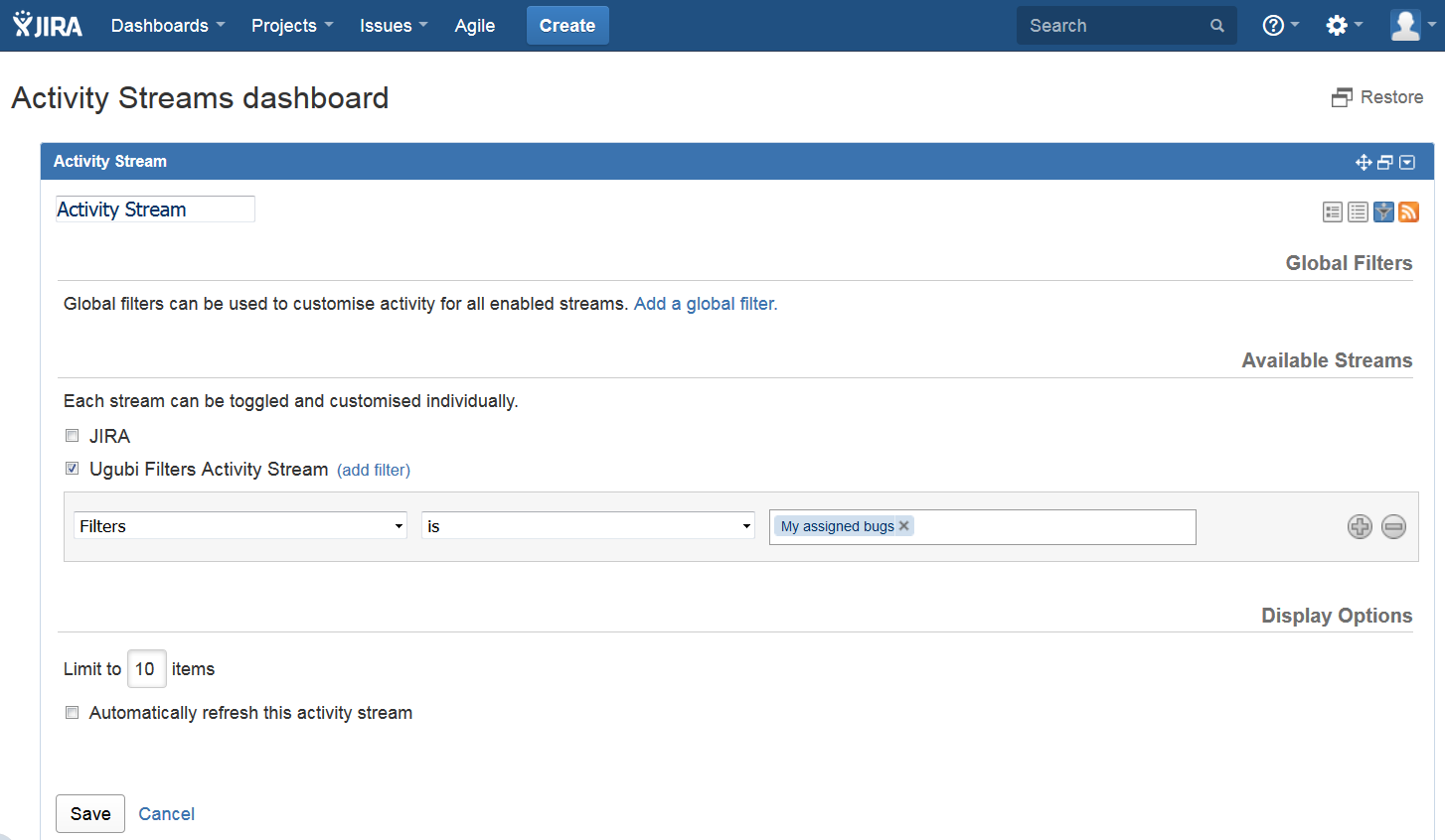 Filters activity stream for JIRA Devpost