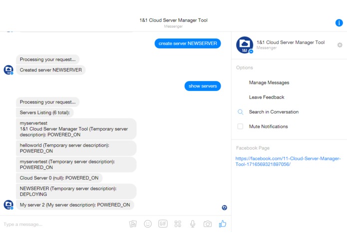 1&1 Cloud Server FMI (Facebook Messenger Interface) – screenshot 1