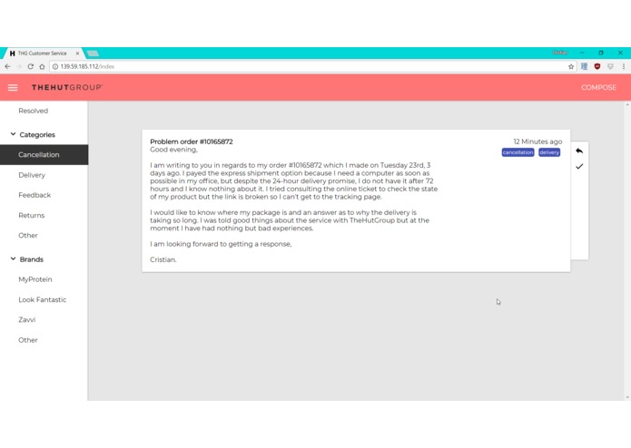 TheHutGroup e-mail classification web-app – screenshot 1