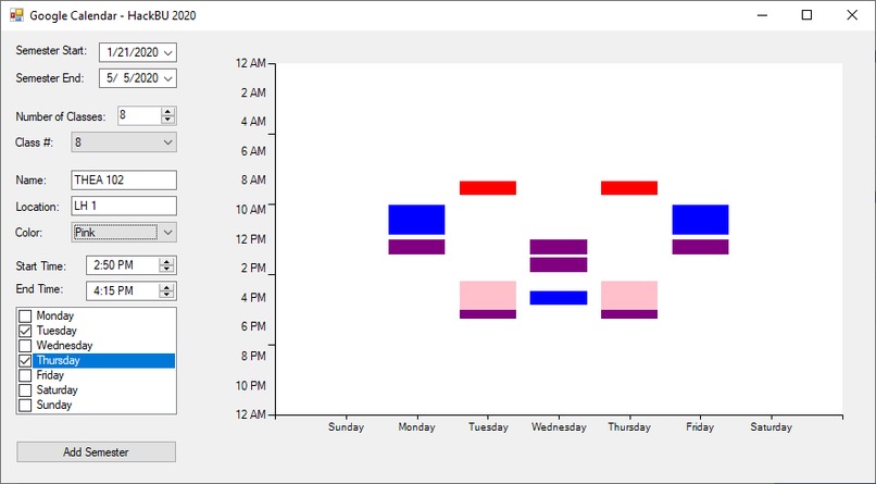 Semester Google Calendar- HackBU 2020 – screenshot 1