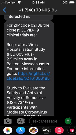 COVID-19 Trials by SMS – screenshot 1