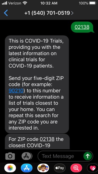 COVID-19 Trials by SMS – screenshot 2