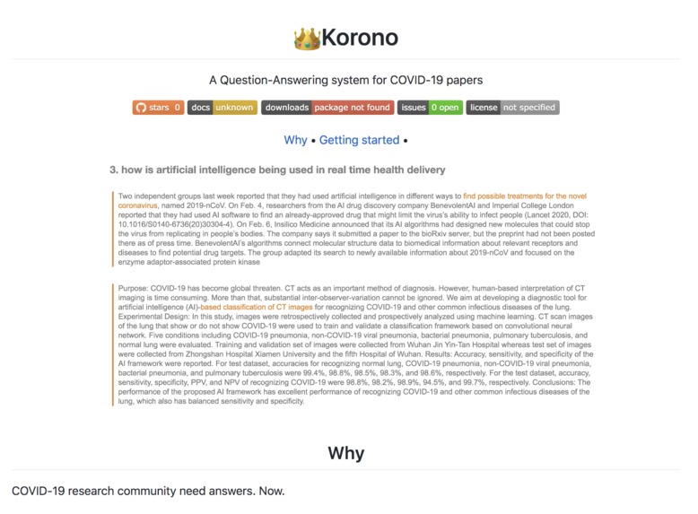 Korono: AI-based question-answering for COVID-19 research – screenshot 1