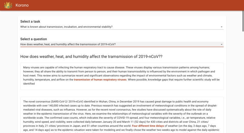 Korono: AI-based question-answering for COVID-19 research – screenshot 2