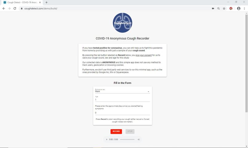 Coughdetect. Fully anonymous COVID-19 test using just coughs – screenshot 2