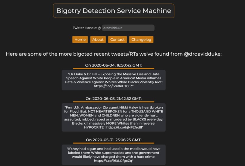 Bigotry Detection Service Machine – screenshot 2
