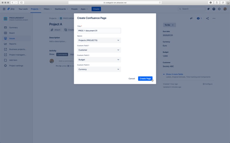 Create Confluence Page – screenshot 2
