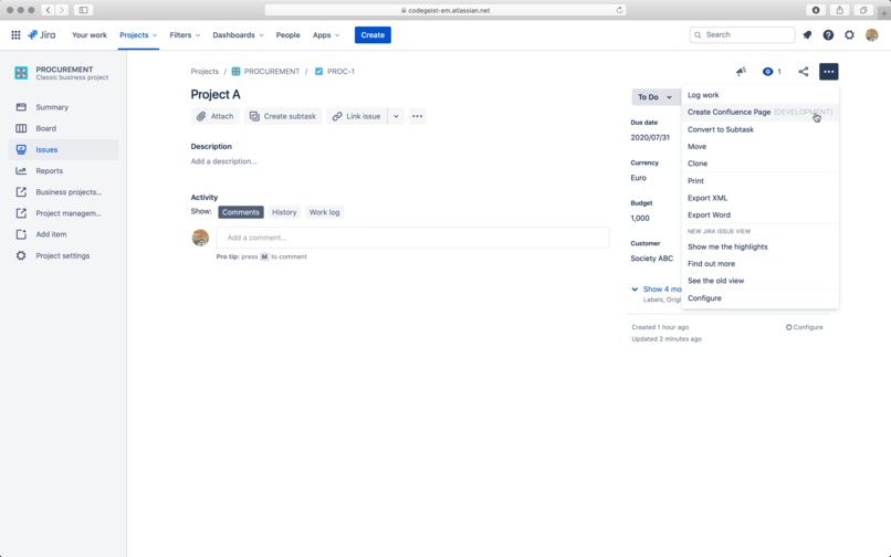 Create Confluence Page – screenshot 1