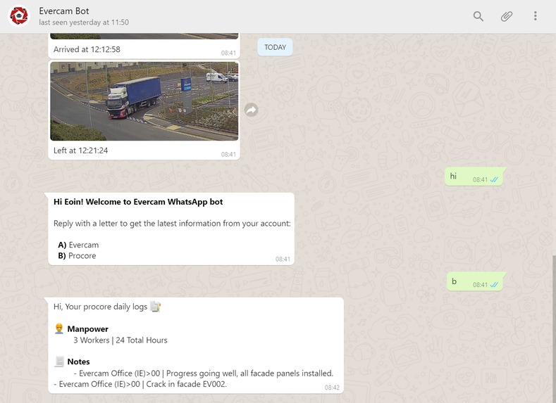 W.E.B, Whatsapp Evercam Bot – screenshot 2