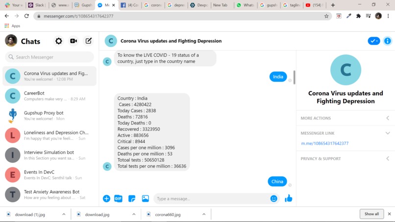 COVID-19 LIVE UPDATES AND HELP TO FIGHT DEPRESSION CHATBOT – screenshot 1
