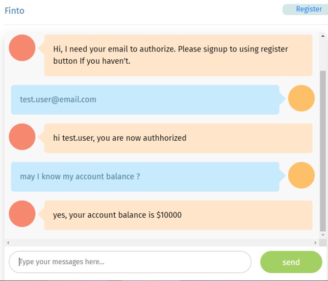 Finto: Secure Banking services chatbot with typingDNA & Rasa – screenshot 1