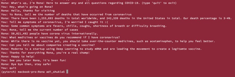 Rona: A Deep Learning Chatbot for COVID-19 – screenshot 1