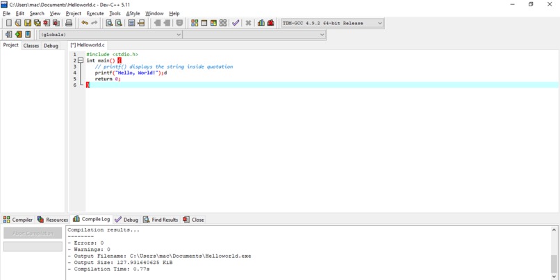 Hello world in C  – screenshot 1