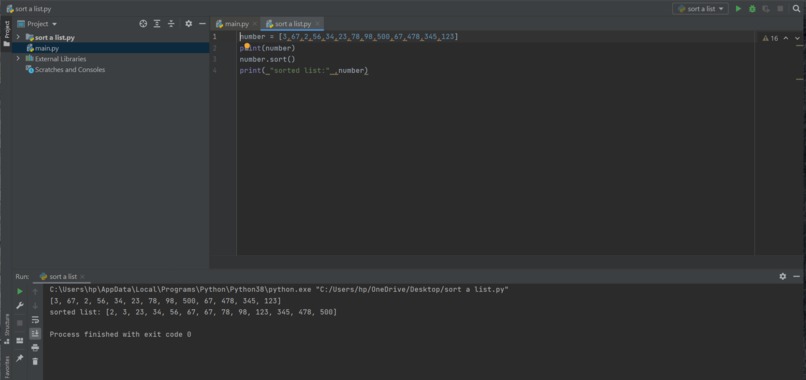 Sorting a list – screenshot 1