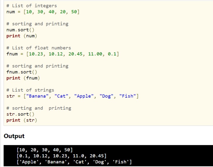 Code to Sort A list – screenshot 1