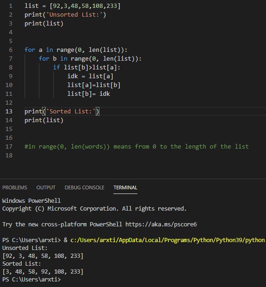 Sorting a list – screenshot 1
