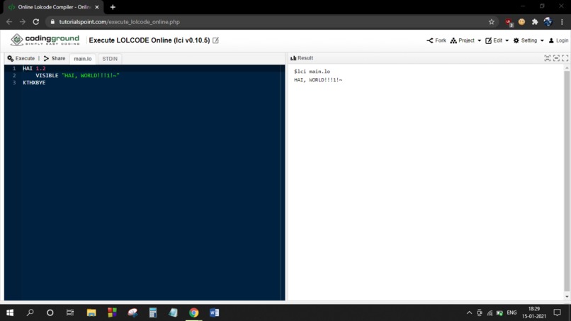 Hello World in Lolcode – screenshot 1