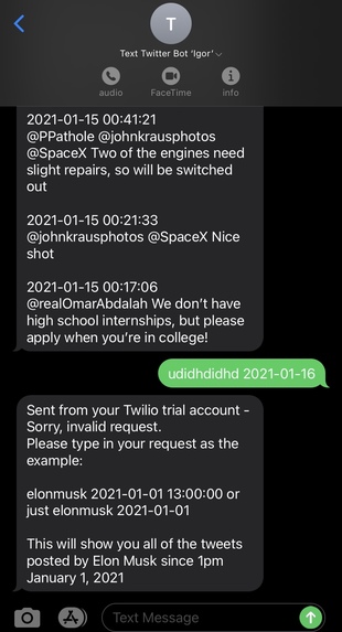 SMS Twitter Bot 'Igor' – screenshot 1