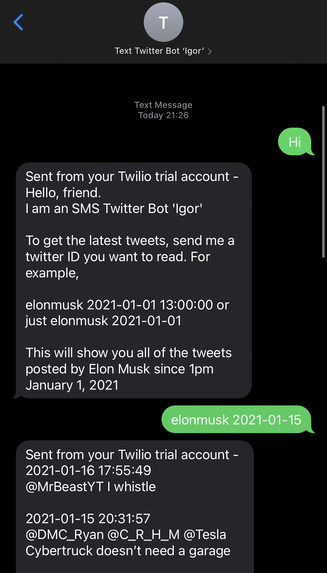 SMS Twitter Bot 'Igor' – screenshot 2