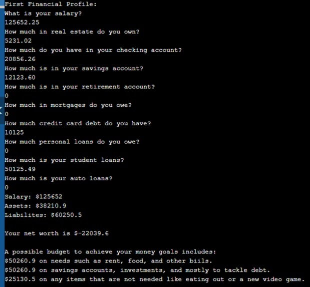 Financial Profile Class – screenshot 1