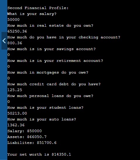 Financial Profile Class – screenshot 2
