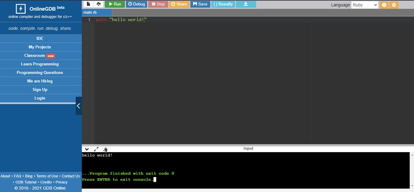 Hello World Program in Ruby – screenshot 1