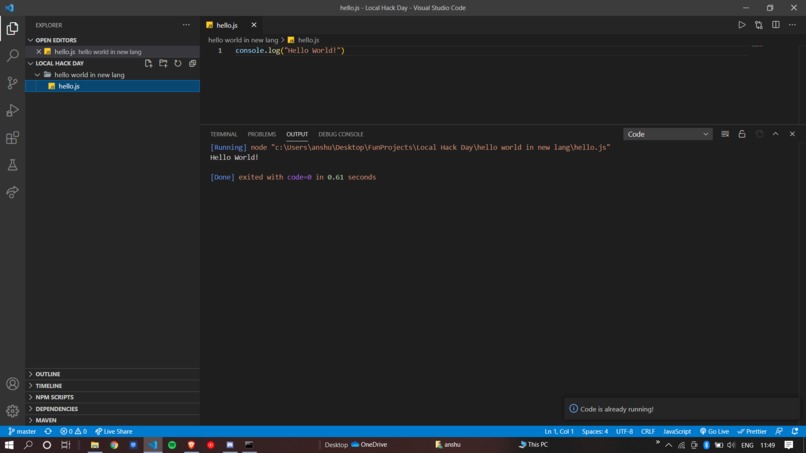 Hello world in javascript – screenshot 1