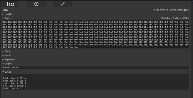 Hello World In COW – screenshot 1