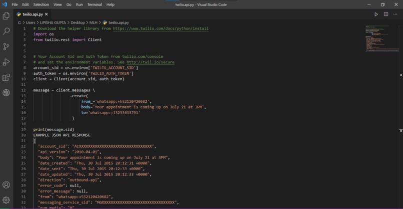 Used Twilio API to make interactive python code – screenshot 1