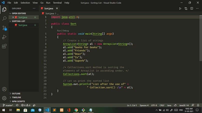 Sort a list in Java – screenshot 1