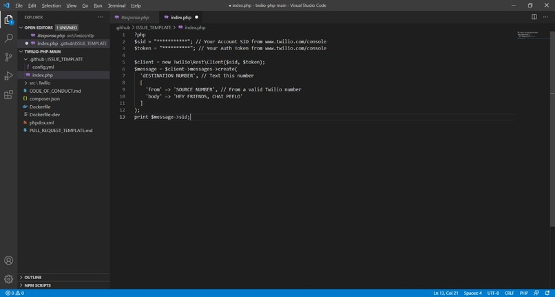 Using Twilio API  – screenshot 1