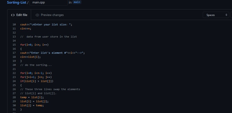 Sorting list code – screenshot 1
