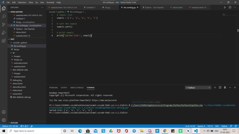 Sorting a list – screenshot 1