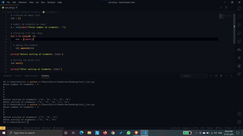 Sorting a list given by user input – screenshot 1
