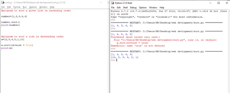 sorting a list – screenshot 1