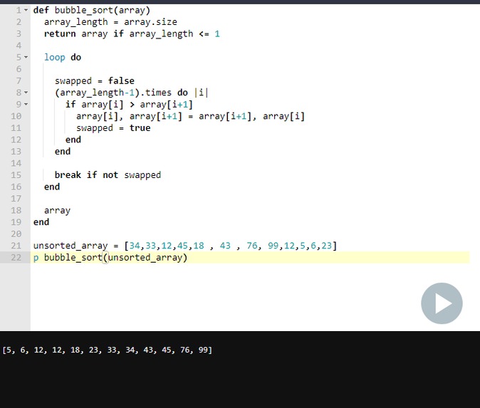 bubble sort program in ruby – screenshot 1