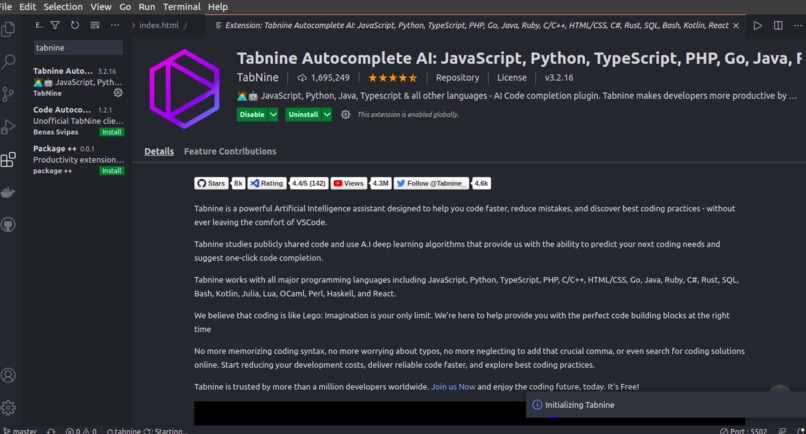 tabnine on vscode – screenshot 1