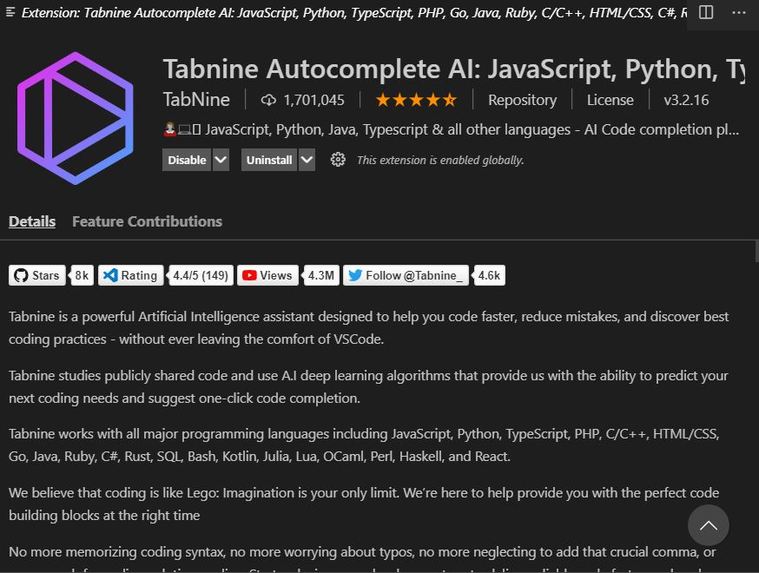 Tabnine  – screenshot 2