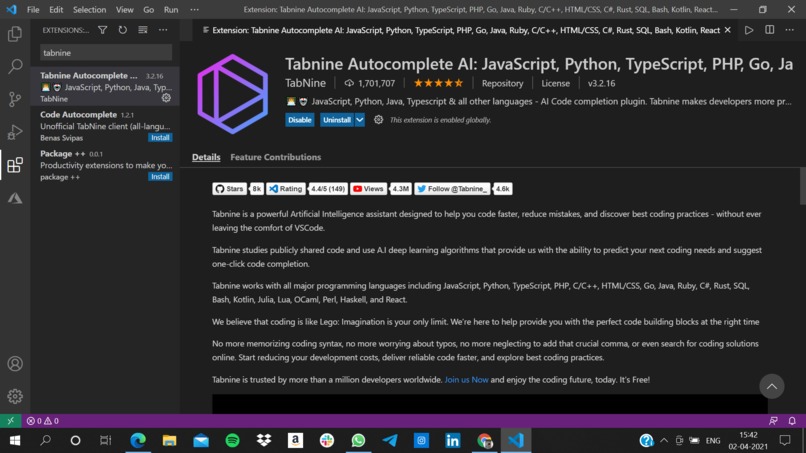 Tabnine to write code – screenshot 1