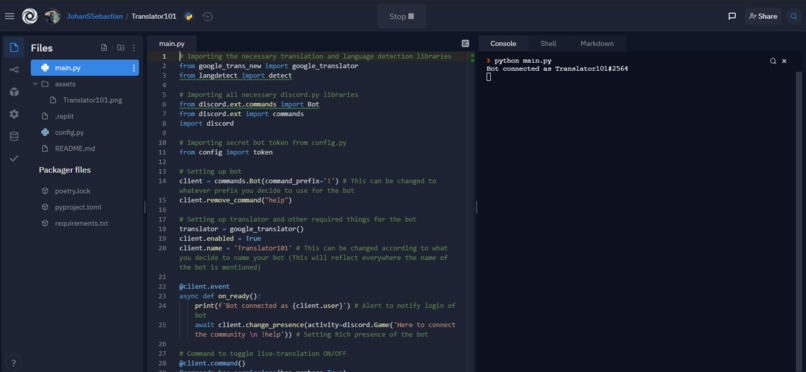 Using Replit to host my bot (Translator101) – screenshot 1