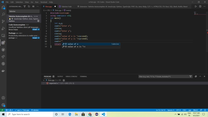 Code using Tabnine – screenshot 1