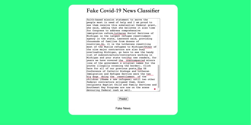 Fake Covid-19 News Classifier – screenshot 1