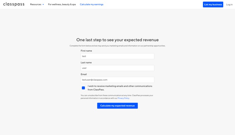 ClassPass Partner Revenue Calculator – screenshot 3
