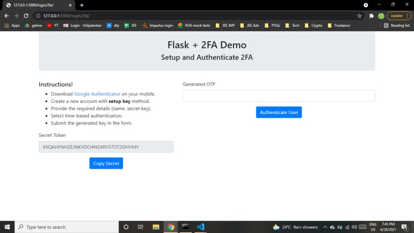 2 Factor Authentication System in Flask – screenshot 2