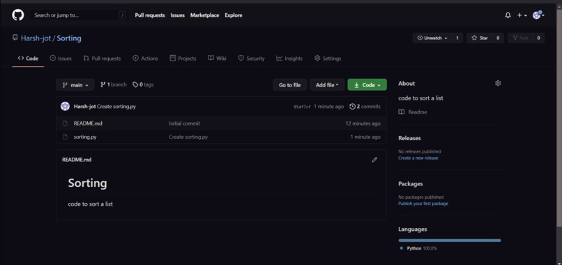 Code to sort a list – screenshot 1