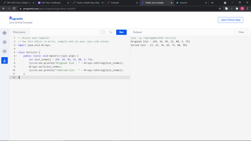 Sorting a list – screenshot 1